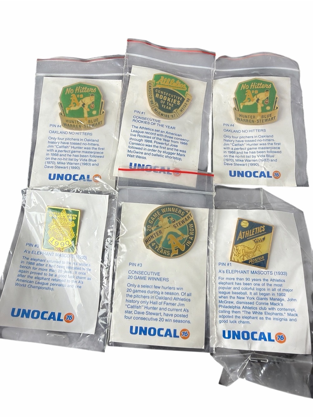 Lot of 6 VINTAGE UNOCAL Oakland A'S Athletics Baseball COMMEMORATIVE pin